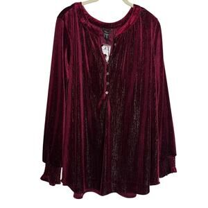 Intro Woman Plus Velvet Popover Tunic Top 2X Burgundy Metallic Long Sleeve